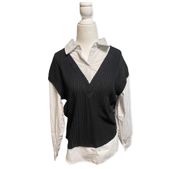 black sweater vest white button up 2 in 1 blouse - Picture 1 of 3